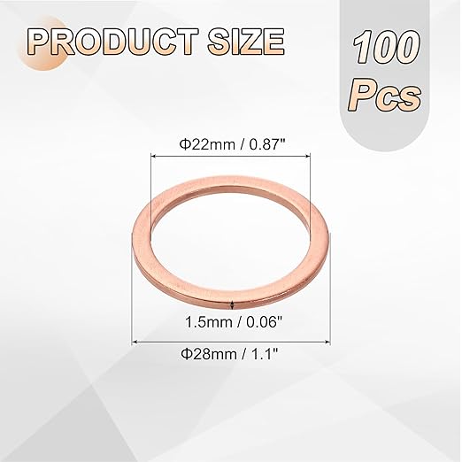 uxcell 100Pcs M22 Flat Washer Copper Washer Sealing Rings, 22mm ID 28mm OD 1.5mm Thickness Copper Crush Washers Metric Sealing Gasket for Plumbing Machinery Automotive