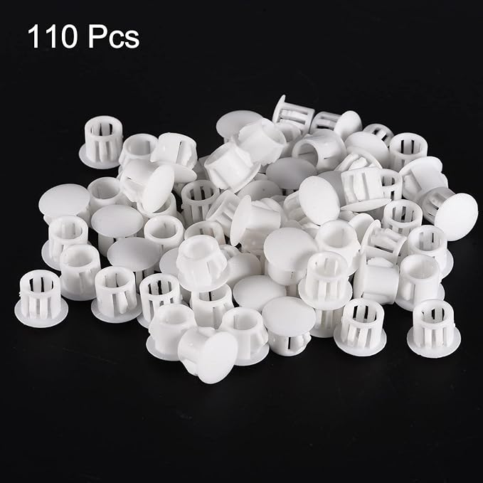 uxcell 3/8" Plastic Hole Plugs, 110Pcs Flush Type Panel Round Snap in Fastener Knockout Locking Plugs for Furniture Insert End Caps Panels, White