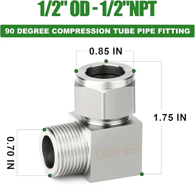 TAISHER 1PCS 304 Stainless Steel Square 90 Degree Compression Tube Pipe Fitting Connector, 1/2" Tube OD x 1/2" NPT Male Adapter