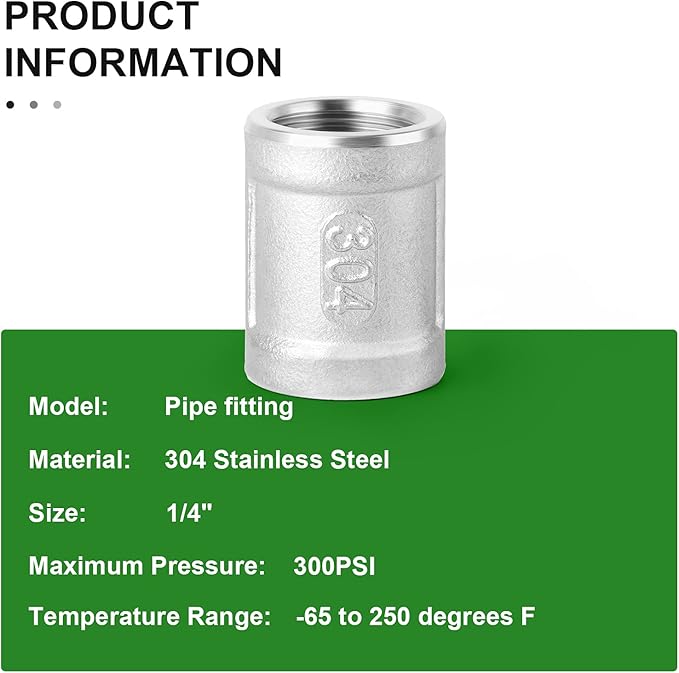 TAISHER 5PCS 304 Stainless Steel Cast Pipe Fitting, Coupling, 1/4" x 1/4" NPT Female Threaded