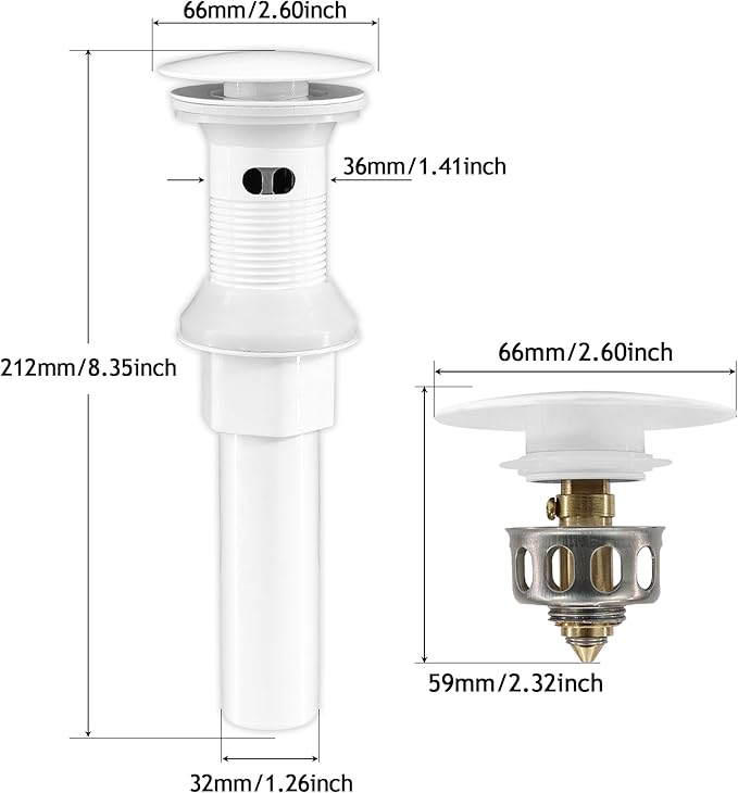 Bathroom Sink Drain,2 Pack White Drain Stopper Bathroom Sink With Overflow,Pop Up Drain Assembly with Detachable Strainer Basket,Built-in Anti-Clogging, Stainless Steel Nut