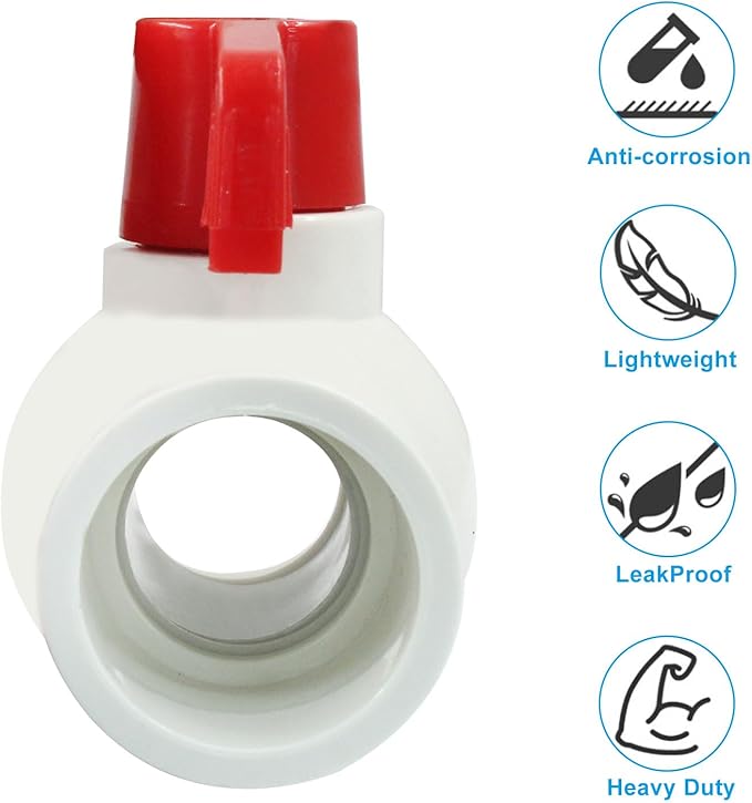 5 Pcs 1 Inch PVC Ball Valves, Water Shut Off Valves, 32mm Socket with Red T-Handle, Rated at 150 PSI Pipe Fittings for Swimming Pool, Plumbing & Irrigation Systems