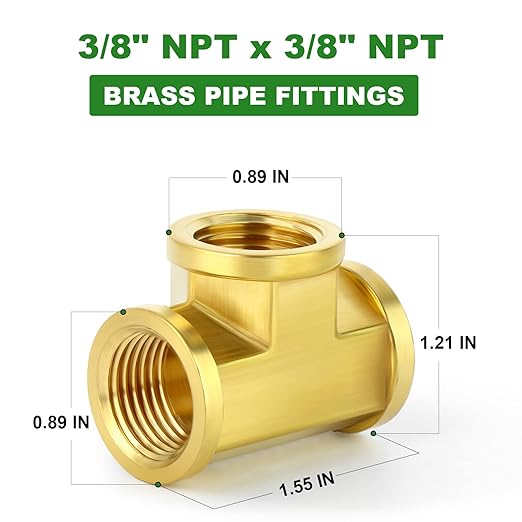 TAISHER 2Pcs Brass Tee Fitting, 3/8" x 3/8" x 3/8" NPT Female Pipe Fittings