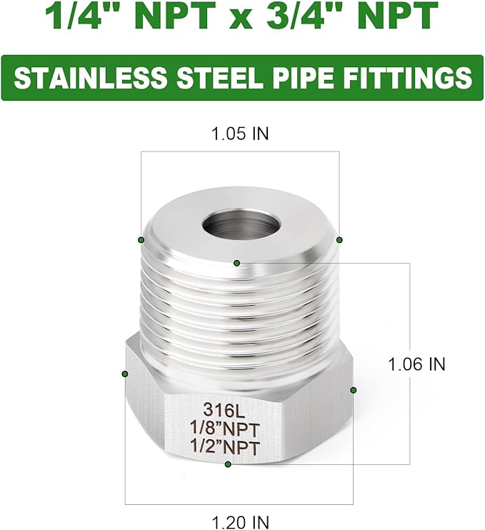 TAISHER 5PCS Forging of 316L Stainless Steel Reducer Hex Bushing, 3/4" Male NPT to 1/4" Female NPT, Reducing Forging Pipe Adapter Fitting