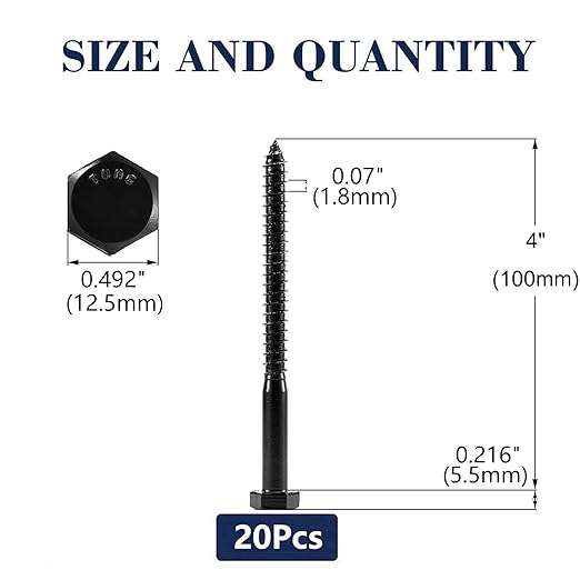 5/16" x 4" Hex Head Lag Screws Bolts 20Pcs 304 Stainless Steel 18-8, Partial Thread, Hexagon Head Wood Screws by Black Oxide by SG TZH