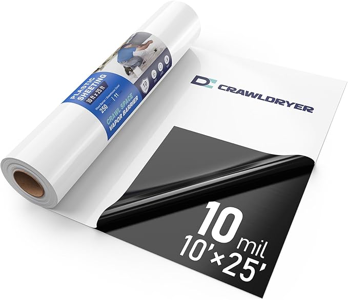 10Mil Crawl Space Vapor Barrier, 10' x 25', Drop Cloth Vapor Barrier Covering for Crawl Space Encapsulation, Thick Plastic Sheeting, Black and White Panda Film, Heavy Duty Polyethylene Film