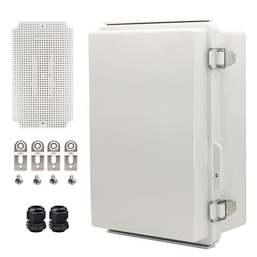 Waterproof Electrical Box with Mounting Plate, IP67 Junction Box Stainless Steel Latch Hinged Grey Cover Project Enclosure with Wall Bracket and 2 Glands 10.2" x 6.3" x 3.9"
