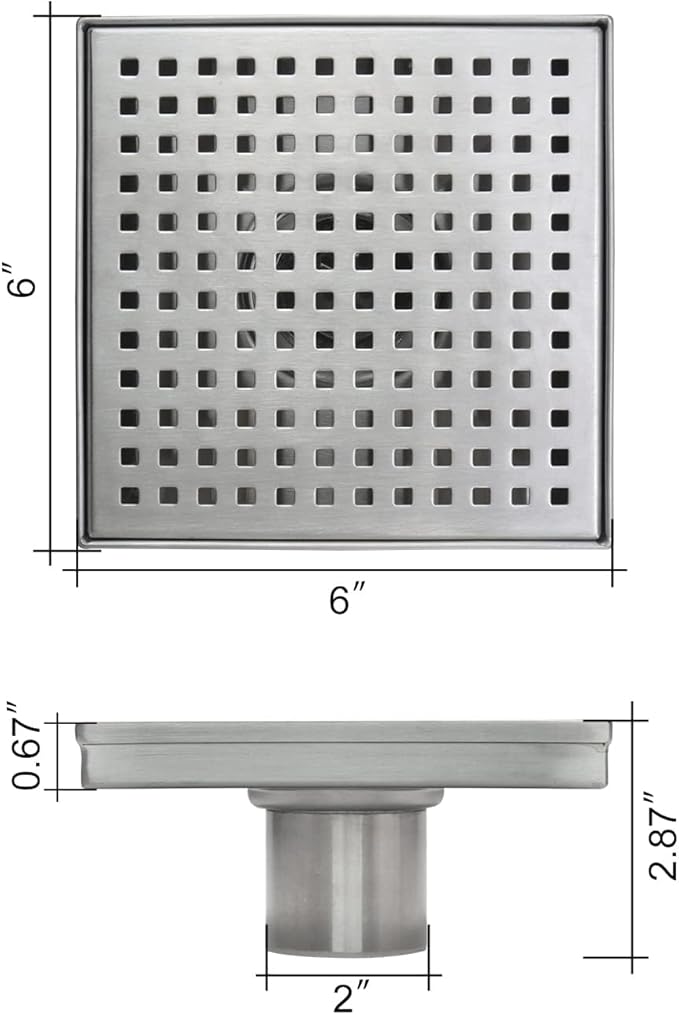 Square Shower Drain, Shower Drain 6 inch with Removable Grate Cover, Corrosion Resistant AISI 304 Stainless Steel Shower Floor Drain with Hair Catcher
