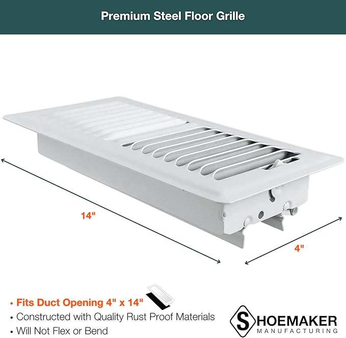 Shoemaker 4x14 Floor Register – Soft White Heavy Duty Metal Floor Vent Cover for Home Floors - Premium Forced Air Vent Covers