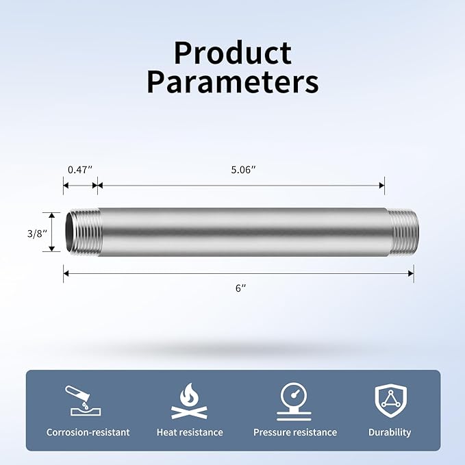 3/8"x6" 304 Stainless Steel Pipe, 3/8" NPT x 3/8" NPT Male Threaded Nipple, SCH40 Heavy Duty Pre-Cut Steel Pipe for Plumbing Gas, Hydraulic, and Industrial Applications(6", 4 Piece)