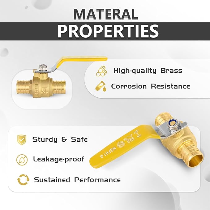 5-Pack Foskan 1 Inch PEX Crimp Full Port Ball Valve with Yellow Handle, Brass Quarter Turn Shut-off Valve for PEX Tubing