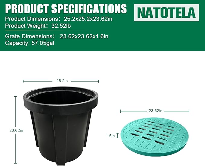 Catch Basin for Drainage with Fiber Glass Grate-25x25x24 in. Round Drainage Basin with Debris Basket,A15 French Drain Basin Without Reserved Hole for Yard,Downspout,Lawn,Municipal Pipeline