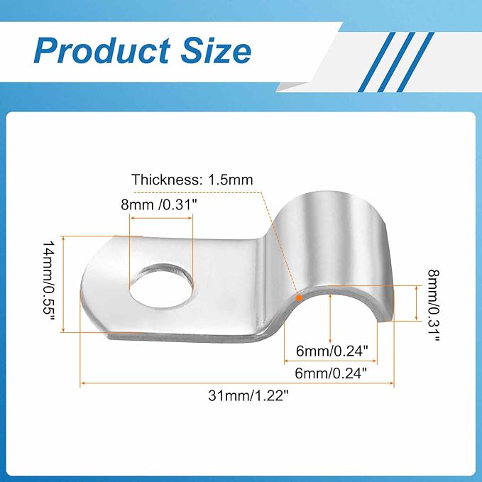 HARFINGTON 5/16 Inch Pipe Strap, 304 Stainless Steel Conduit Clip 10Pcs Single Hole Strap Clamp for Pipe Tube Cable Fixing (8mm, Silver)