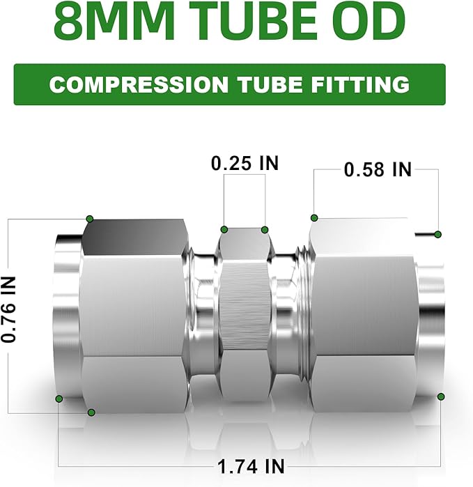 TAISHER 5PCS 304 Stainless Steel Compression Tube Pipe Fitting Connector, 8MM Tube OD x 8MM Tube OD Straight Adapter