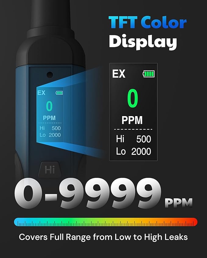 AGT-1988 Rechargeable Natural Gas Detector, Gas Leak Detector with TFT Display, 0.5s Response, 0–9999PPM Range, Portable for Detecting Combustible Leaks Like Propane, Methane for Home & RV