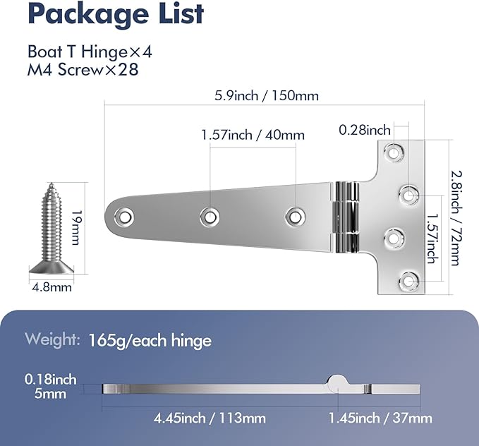 Boat T Type Hinge, Marine Grade Stainless Steel 316 Heavy Duty Strap Butt Hinge Durable Marine Applications for Hatch, Cabinet, Gate, and Door