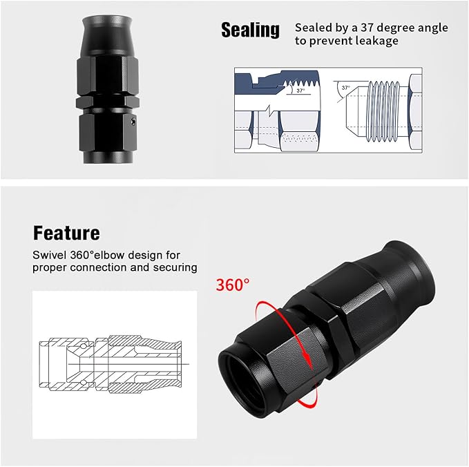 6AN PTFE Hose End Fitting Straight Swivel Only for PTFE Hose Aluminum Black 4PCS