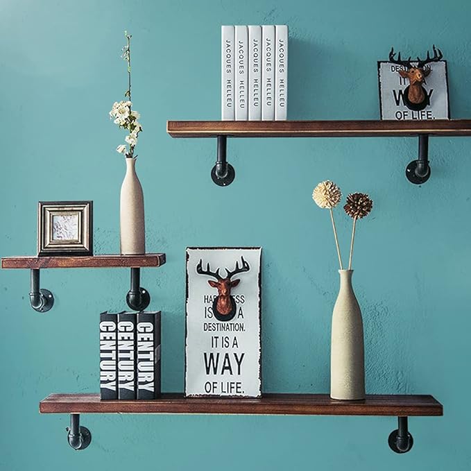 Janyang Industrial Pipe Shelf Brackets for 8 10 12 14 inches Board, Iron L Pipe Floating Shelves, Heavy Duty Metal Shelving Brackets - 6 Pack Black