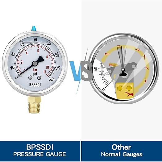 0-160 Psi Lead-Free Glycerin Liquid Filled Low Pressure Gauge, 2.5" Dial Size, 1/4" NPT Lower Mount, 304 Stainless Steel Case, for Water Pipe, HVAC, Water Oil Air Pressure Test