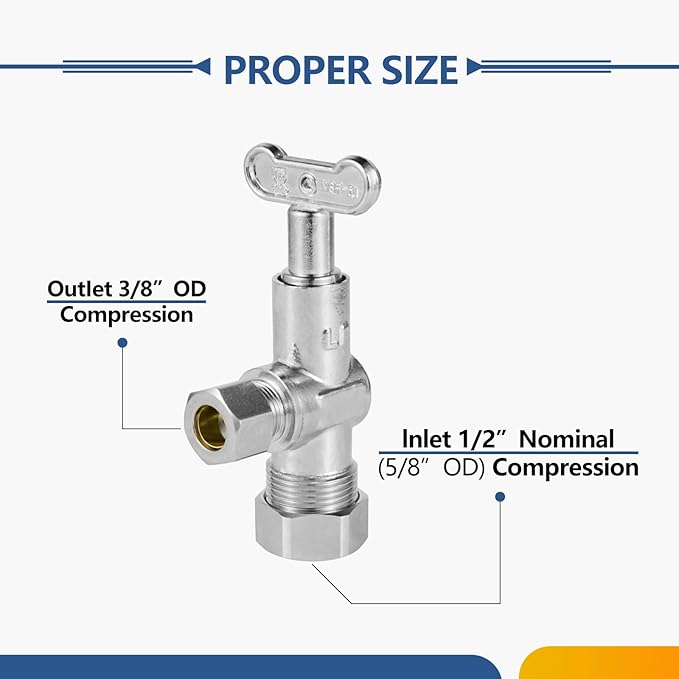 20-Pack GUOFIS Angle Stop Valve with 1/4 Turn Loose Control Key,1/2" Nominal (5/8" OD) Compression x 3/8" OD,Chrome Plated Brass Shut-off Valves for Potable Water(VALVE142-20Pack)