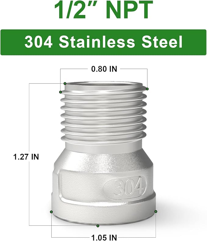 TAISHER 10PCS 304 Stainless Steel Pipe Fitting, Reducer Adapter, 1/2" Male NPTx 1/2" Female NPT