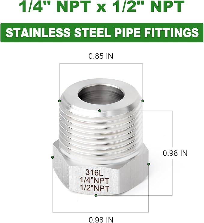TAISHER 2PCS Forging of 316L Stainless Steel Reducer Hex Bushing, 1/2" Male NPT to 1/4" Female NPT, Reducing Forging Pipe Adapter Fitting
