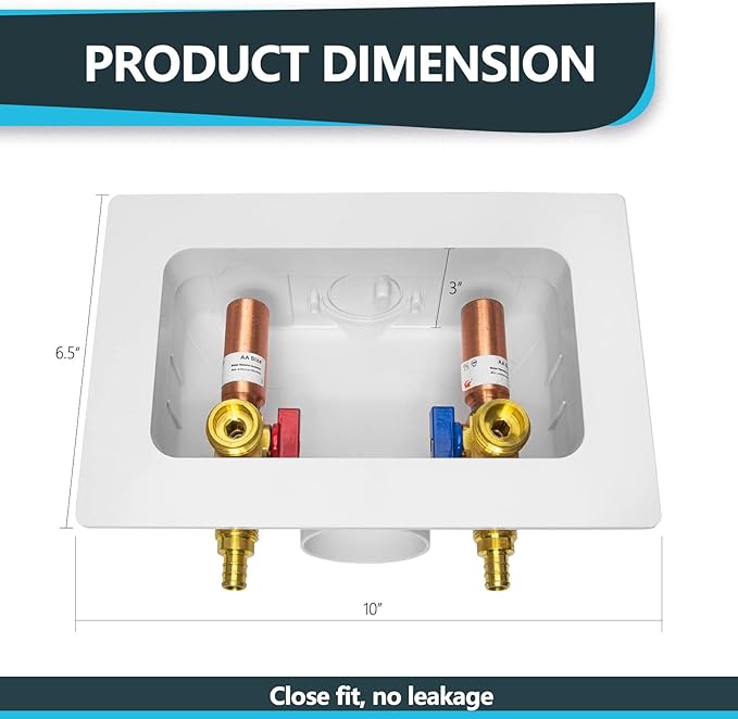 Washing Machine Outlet Box, Center Drain, 1/2 Inch Pex Crimp Inlet x 3/4 Inch MHT Outlet Connection, with Copper Water Hammer Arrestor (Pack of 30)