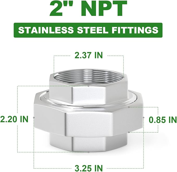 TAISHER 1PCS 304 Stainless Steel Union，2" NPT Female Cast Pipe Fitting