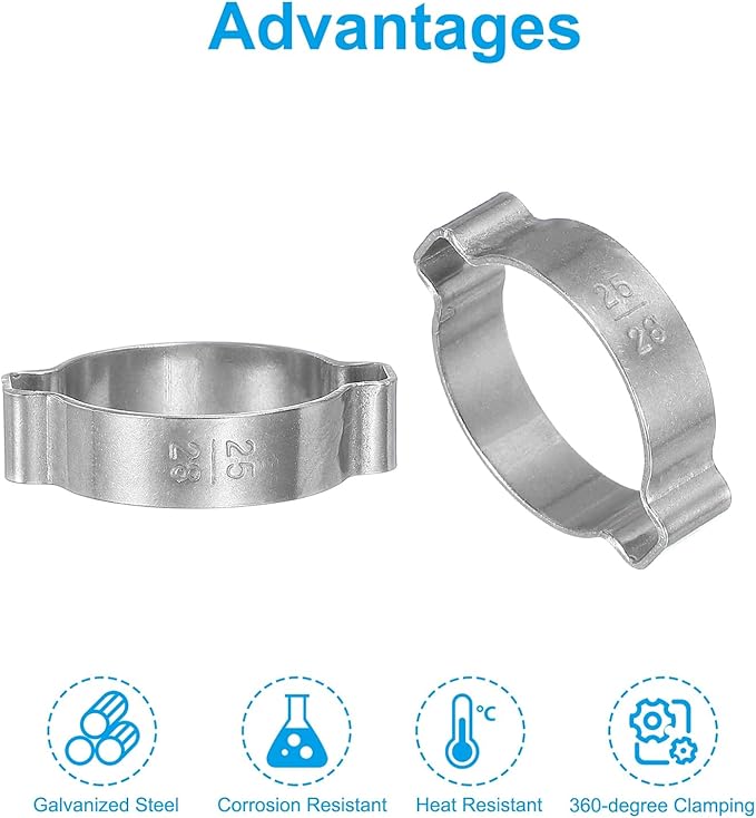 PATIKIL 25 Pack 25-28mm Double Ear Hose Clamp, 304 Stainless Steel O Clip Crimp Rings for Fuel Petrol Pipe Tube Fitting Connections, Silver Tone