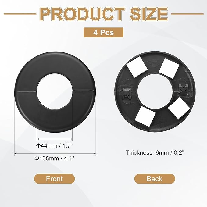 PATIKIL Wall Split Flange 105mm / 4.1" OD, 4 Pcs Round Escutcheon Plate Cover PPR Plumbing Cover Plates with Self-Adhesive Tape for 44mm / 1.7" Dia Water Pipe Faucet, Black