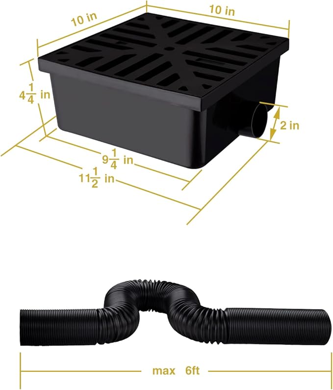 Catch Basin Downspout Extender, Gutter Downspout with Flexible Pipe, No Deep Dig Low Profile Catch Basin 10"×10" Protect House Foundation
