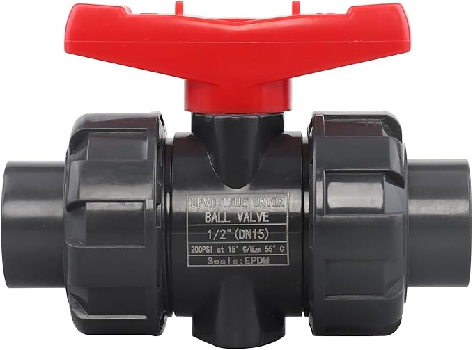 DERNORD 2 Pack PVC True Union Ball Valve NPT Threaded with Full Port, EPDM O-Rings, and Reversible PTFE Seats, Rated at 200 PSI (1/2 Inch NPT Threaded)