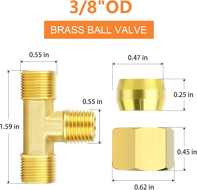 GASHER 5PCS Brass Compression Tube Pipe Fitting Connector, Tee，3/8" x 3/8" x 3/8" Tube OD Connector