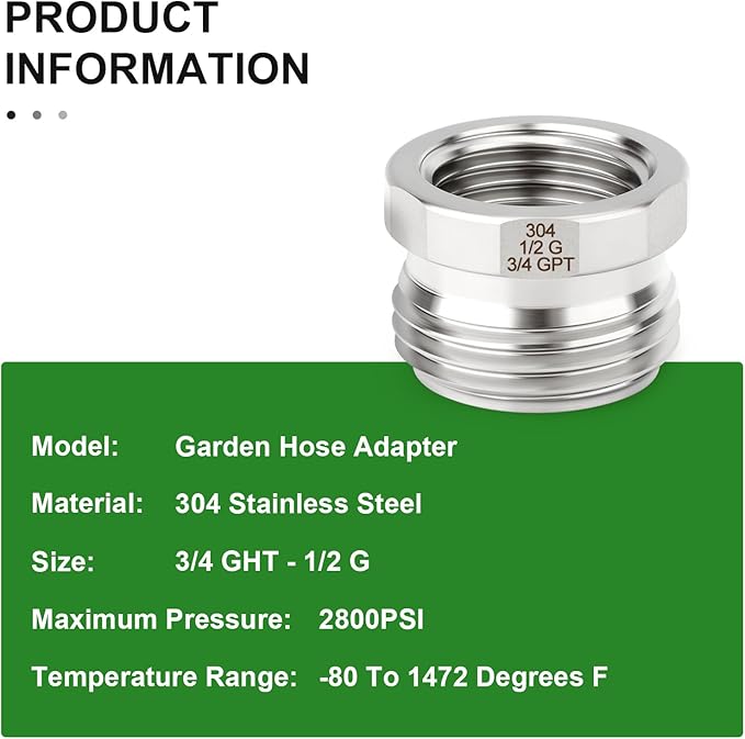 TAISHER 5PCS 304 Stainless Steel Garden Hose Adapter, Hex Bushing 3/4" GHT Male x 1/2" BSP Female Garden Hose Connector