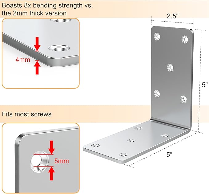 5 x 5 x 2.5 Heavy-Duty Shelf Brackets, L-Shaped Metal Support Bracket for Post Wood 90 Degree Corner Bracket for Floating Shelf, Countertop Support Brackets (Silver 8 Pack)
