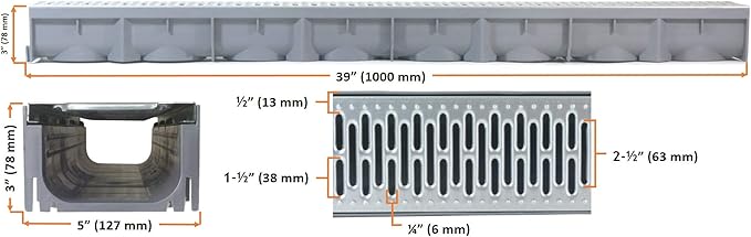URA WATER - Model UA-100 - Drainage Trench Set - Channel Drain With Galvanized Steel Grate - 3 x 39" - (117" Total Length)