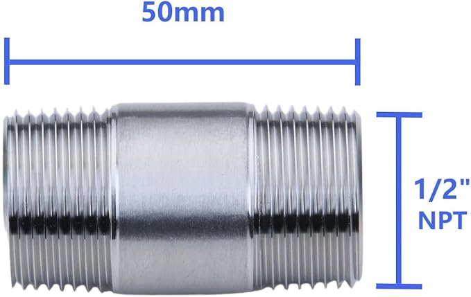 CONSTELLAR 304 Stainless Steel Pipe Fitting - 1/2" NPT Male x 1/2" NPT Male Threaded Thickened Pipe Wall, 50mm (2 inch) Length Heavy Nipple Seamless Pipe (1 Pcs)