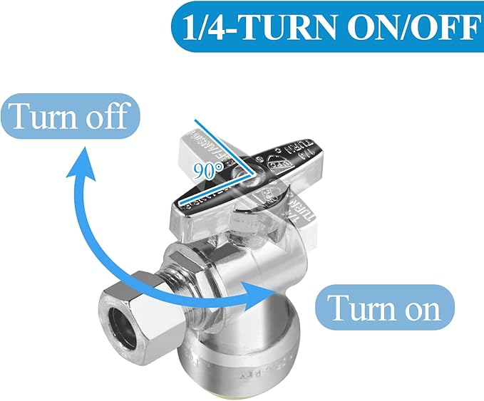 WiseWater Push Connect Angle Stop Valve 1/2" Push x 1/4"OD, 1/4 Turn with Disconnect Clip, Chrome Plated Brass Shut Off Valve for Sink & Toilet Supply Lines (5-Pack)
