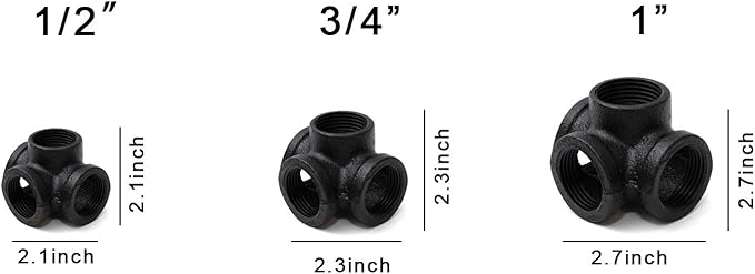 1/2" Black 4-Way Side Outlet Tee, Home TZH 10-Pack Threaded 4-Way Corner Cast Black Malleable Iron Pipe Fitting for Industrial Pipe, Furniture and DIY Decoration (10, Black 1/2 Inch)