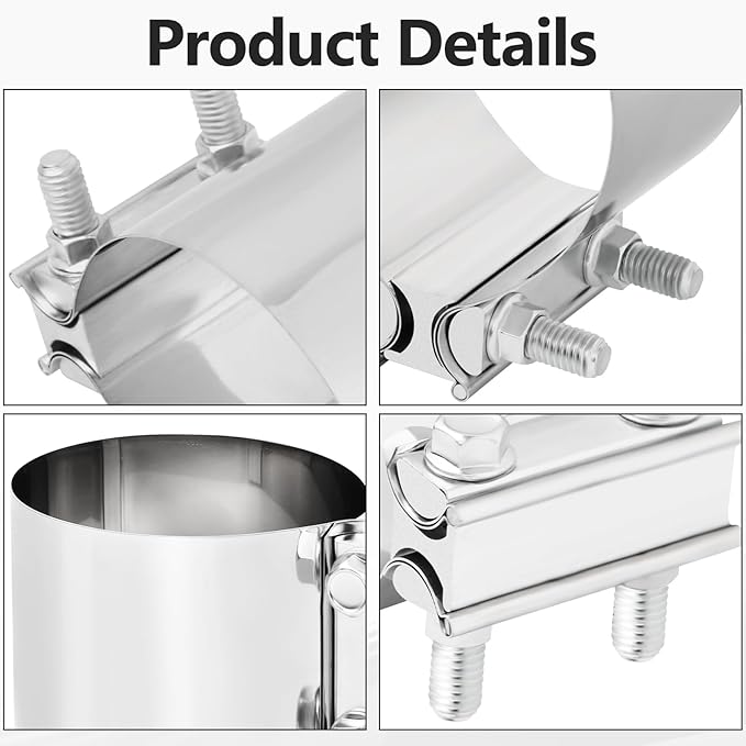 5-Inch Exhaust Clamp, Butt Joint Seal Band Sleeve Coupler Universal for Exhaust System - 2PCS Polished T304 Stainless Steel