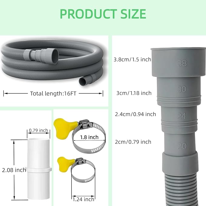 16-FT Universal Washing Machine Drain Hose Kit – Extra-Long Flexible Corrugated Extension for Washer/Dishwasher/Dehumidifier | 7-Piece Set: U-Bend Bracket, 4 Stainless Clamps + Adapter