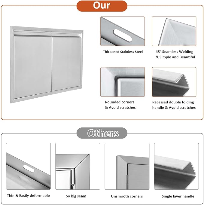 JIE JIN BBQ Access Door 26" W X 24" H Outdoor Kitchen Doors Double Doors Thickened 304 Stainless Steel Outdoor Kitchen Accessories Door for Indoor/Outdoor Kitchen Outdoor Cabinet BBQ Island