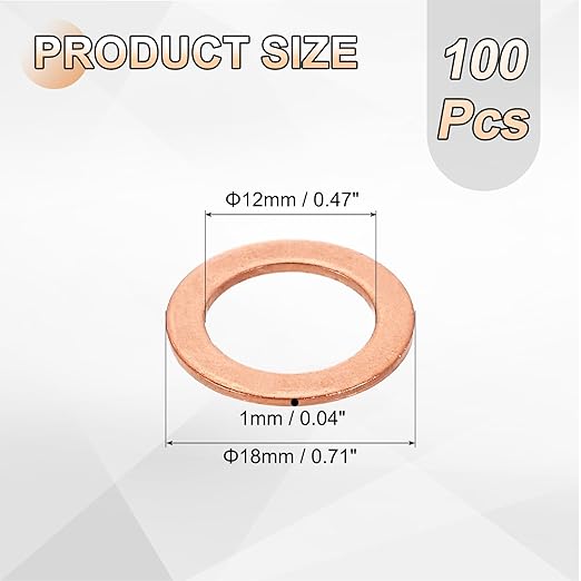 uxcell 100Pcs M12 Flat Washer Copper Washer Sealing Rings, 12mm ID 18mm OD 1mm Thickness Copper Crush Washers Metric Sealing Gasket for Plumbing Machinery Automotive