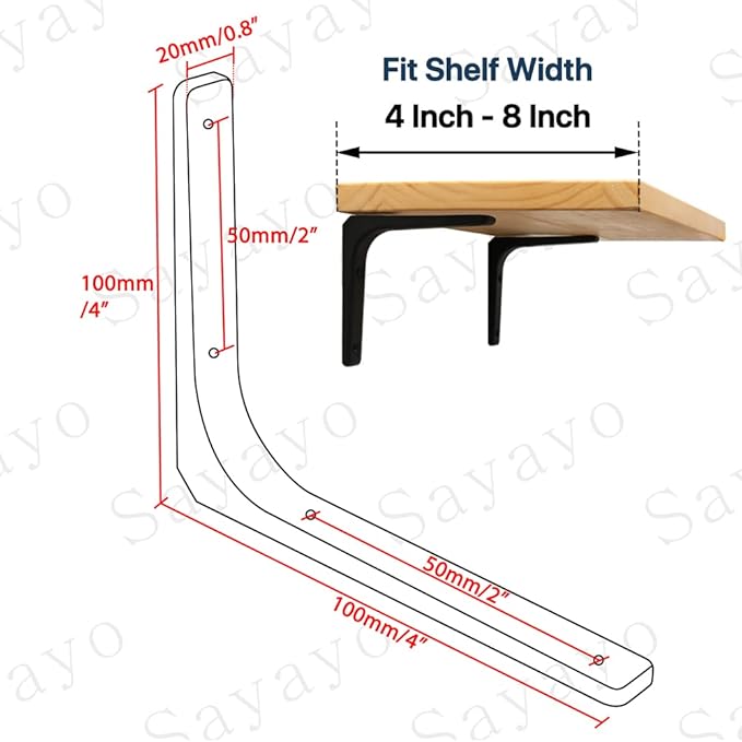 SAYAYO 4 PCS Iron Wall Shelf Bracket, 4 x 4 Inch Heavy Duty Shelf Support Bracket Decorative Joint Angle Bracket, Matte Black
