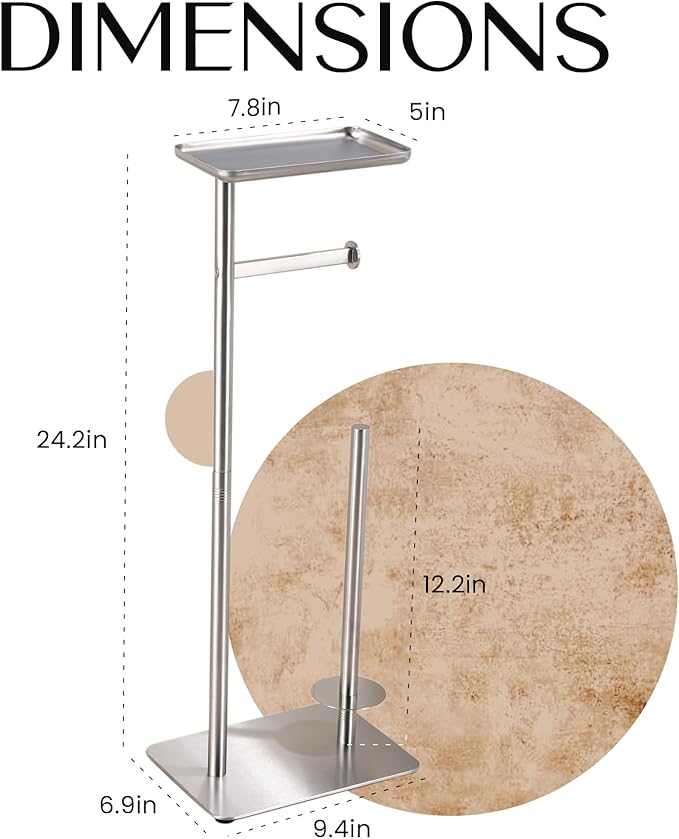 Day Moon™ Brushed Nickel Toilet Paper Holder Free Standing Toilet Paper Holder with Storage - Toilet Paper Stand and Tissue Holder for Bathroom - Toilet Paper Holder with Shelf and Wipe Holder
