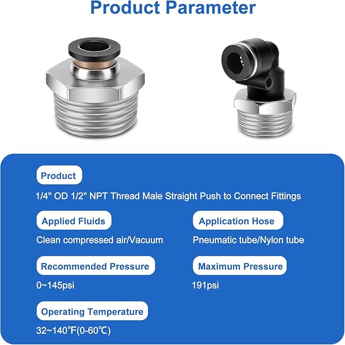 12 Pcs Push to Connect Fittings 1/4 Inch Tube OD x 1/2 Inch NPT Thread Pneumatic Male Straight and Elbow Quick Connect Air line fittings