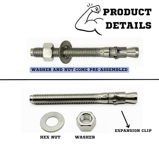 Premium 316 Stainless Steel Wedge Anchor, 1/2"-13 X 4-3/4" – Heavy Duty Corrosion Resistant Fastener for Concrete and Masonry Applications 25 Pack