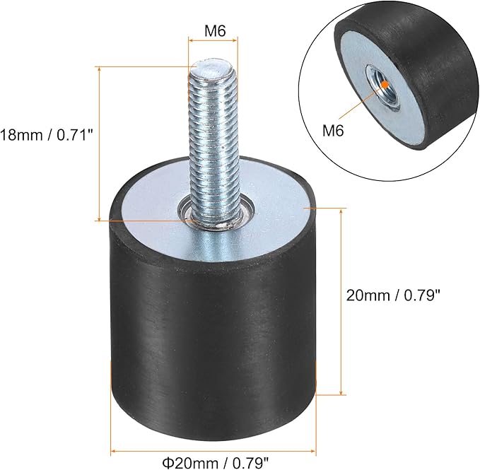 uxcell 6pcs M6x18mm Rubber Isolator Mounts with Studs 20x20mm Male Female Vibration Shock Absorber Zinc Plated Cylindrical Thread Mounts Anti Vibration Isolators with 6pcs M6 Lock Nuts