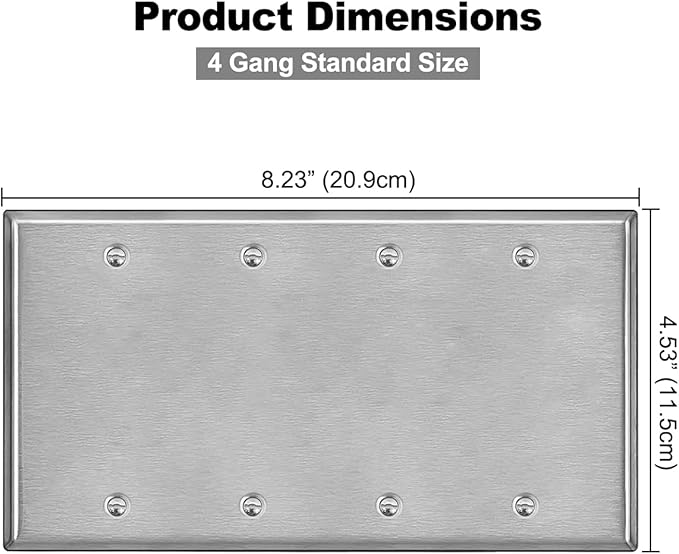 BESTTEN 4-Gang Blank Metal Wall Plate with Ｗhite or Clear Plastic Film, Corrosion-Resistant No Device Stainless Steel Outlet Cover, Standard Size, Brushed Finished, H4.53” x W8.23”