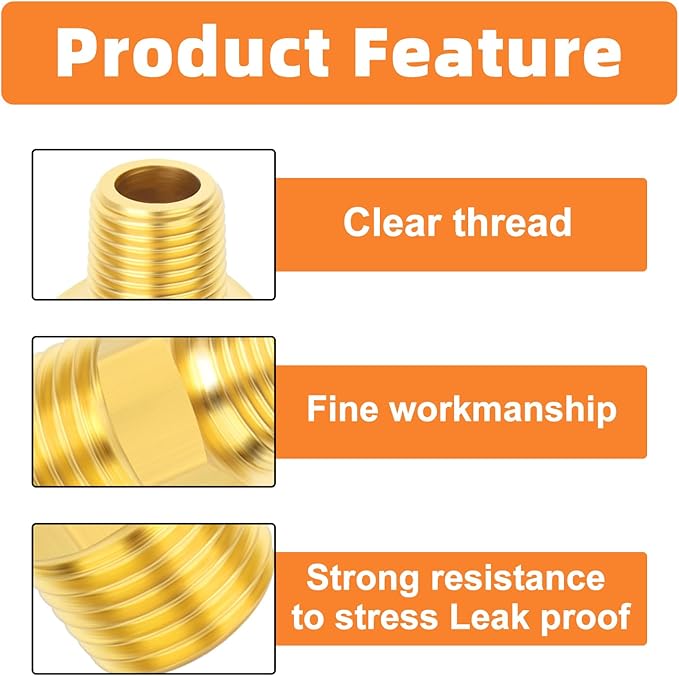 GASHER Brass Reducing Hex Nipples,1/2 Inch NPT Male x 3/8 Inch NPT Male Brass Pipe Adapter Fittings Reducing Nipples Connector（8Pcs）